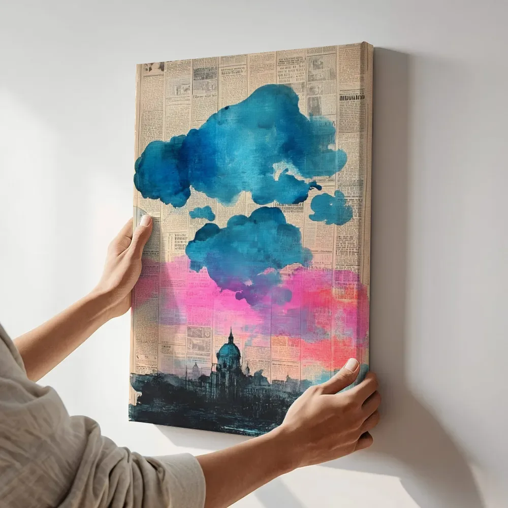 Sfeerimpressie: Blauwe wolken boven koepelstad terwijl het aan de muur wordt gehangen