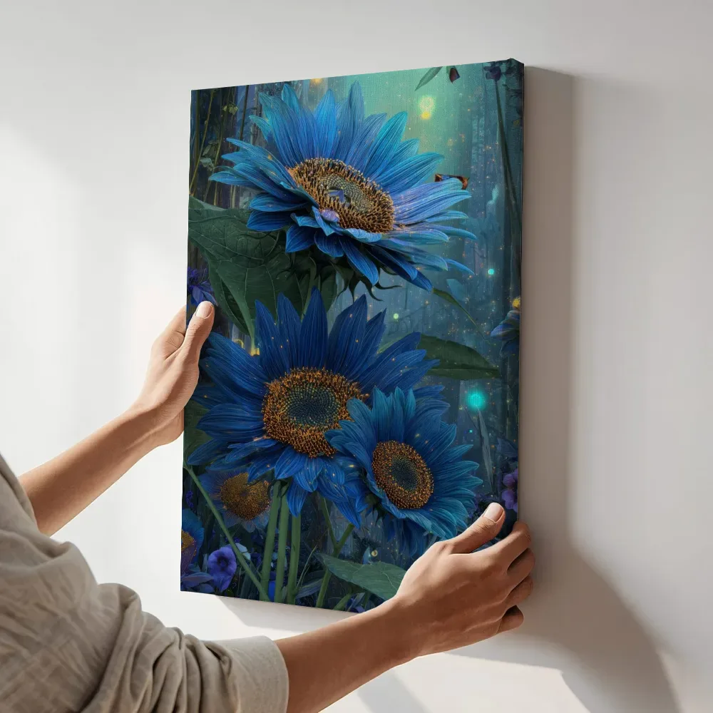 Sfeerimpressie: Blauwe zonnebloemen bij de lichtorb terwijl het aan de muur wordt gehangen