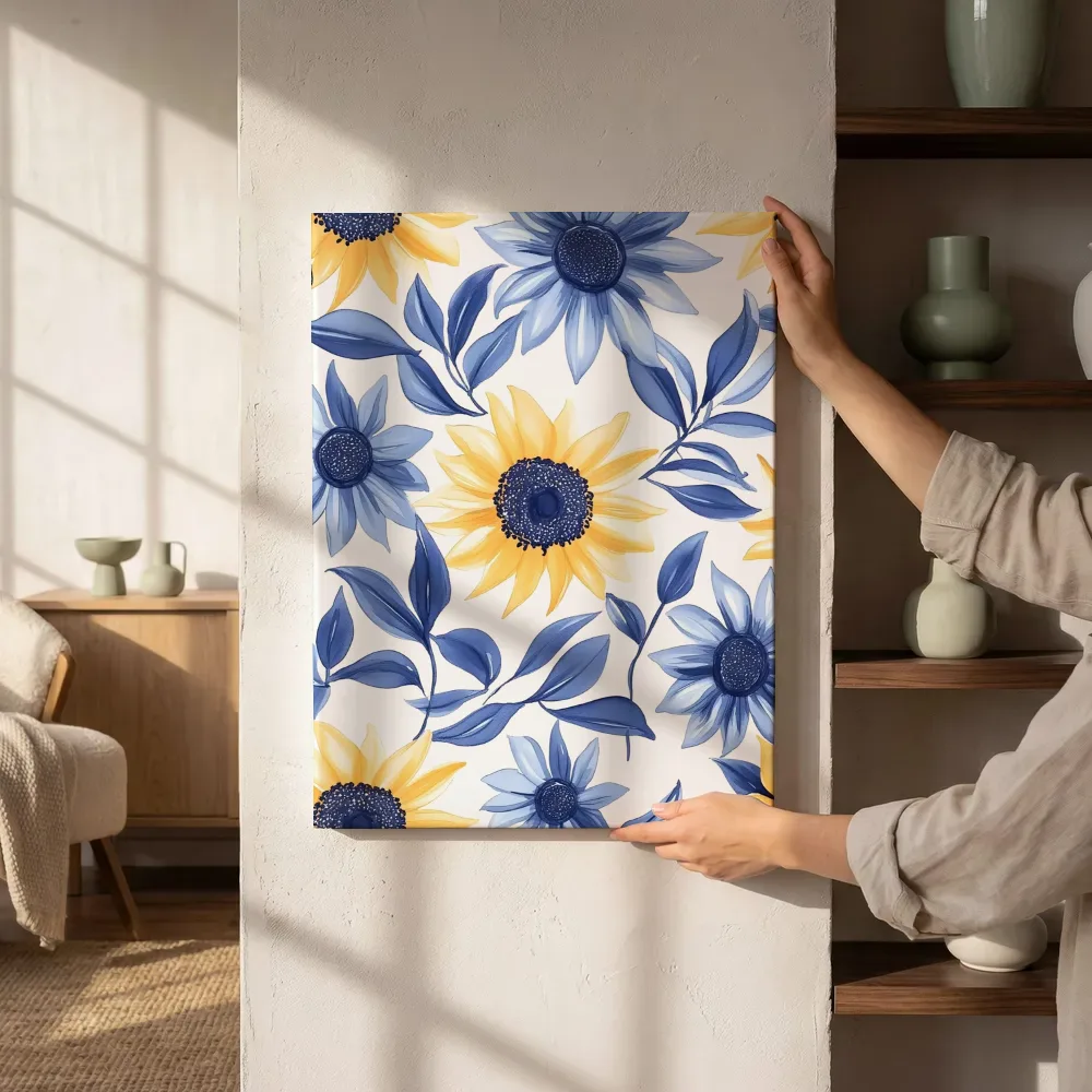 Sfeerimpressie: Blauwe zonnebloemen patroon naast de kast