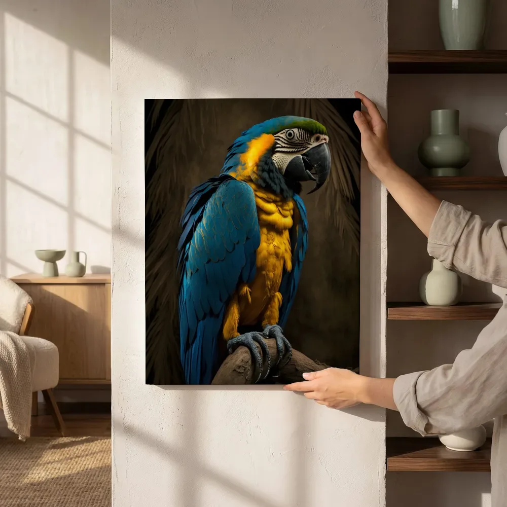 Sfeerimpressie: Blauwgele ara portret naast de kast