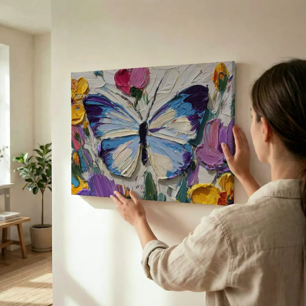 Sfeerimpressie: Blauwpaarse vlinder tussen witte bloemen terwijl het wordt opgehangen