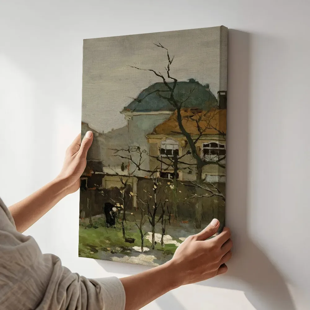 Sfeerimpressie: Bleekveld van Jan Hendrik Weissenbruch terwijl het aan de muur wordt gehangen