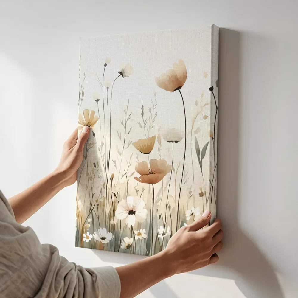 Sfeerimpressie: Bleke bloemenweide in beige terwijl het aan de muur wordt gehangen