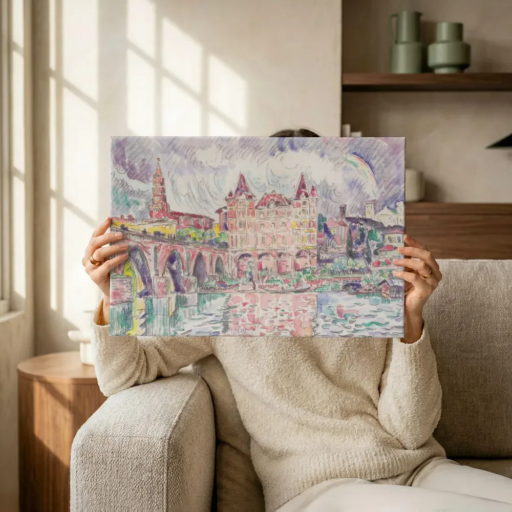 Sfeerimpressie: Gezicht op Montauban bij regen van Paul Signac terwijl het omhoog wordt gehouden