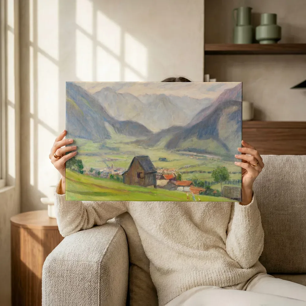 Sfeerimpressie: Bllick ins Tal (Hindelang) 1934 van Otto Modersohn terwijl het omhoog wordt gehouden
