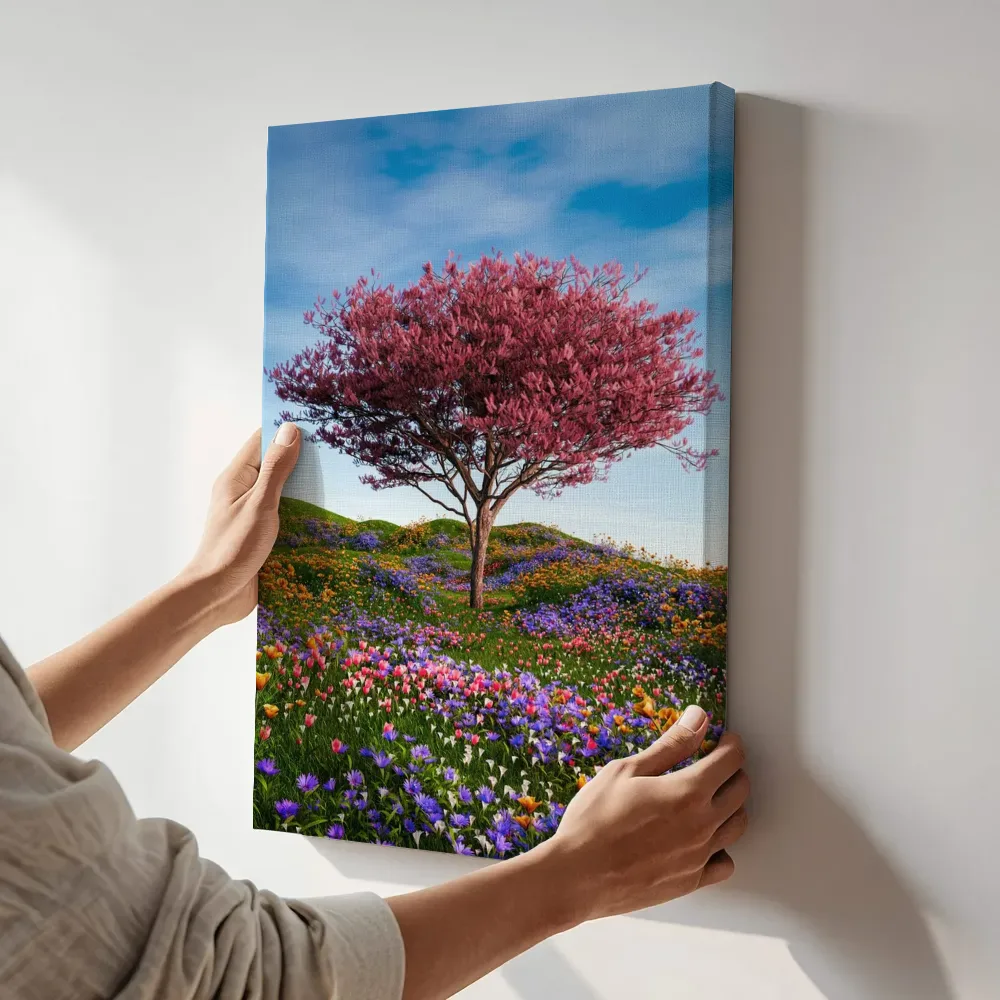 Sfeerimpressie: Bloeiende boom op wilde bloemenweide terwijl het aan de muur wordt gehangen
