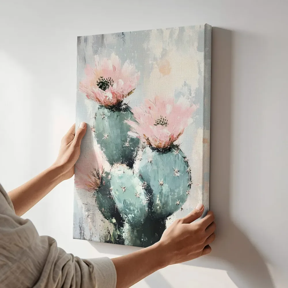 Sfeerimpressie: Bloeiende cactus in pastel terwijl het aan de muur wordt gehangen
