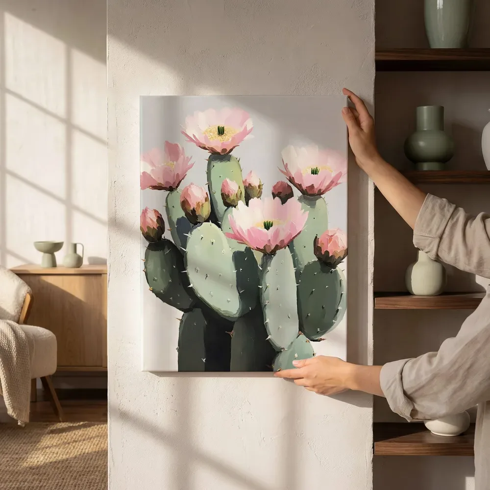 Sfeerimpressie: Bloeiende cactus met roze bloemen II naast de kast