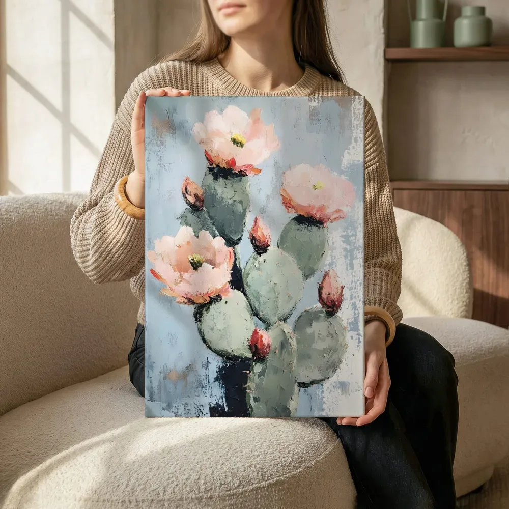 Sfeerimpressie: Bloeiende cactus met roze bloemen op lichtblauw terwijl het zittend wordt getoond