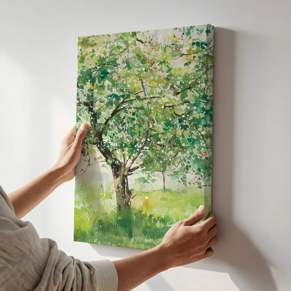 Sfeerimpressie: Bloeiende fruitboom in het gras terwijl het aan de muur wordt gehangen