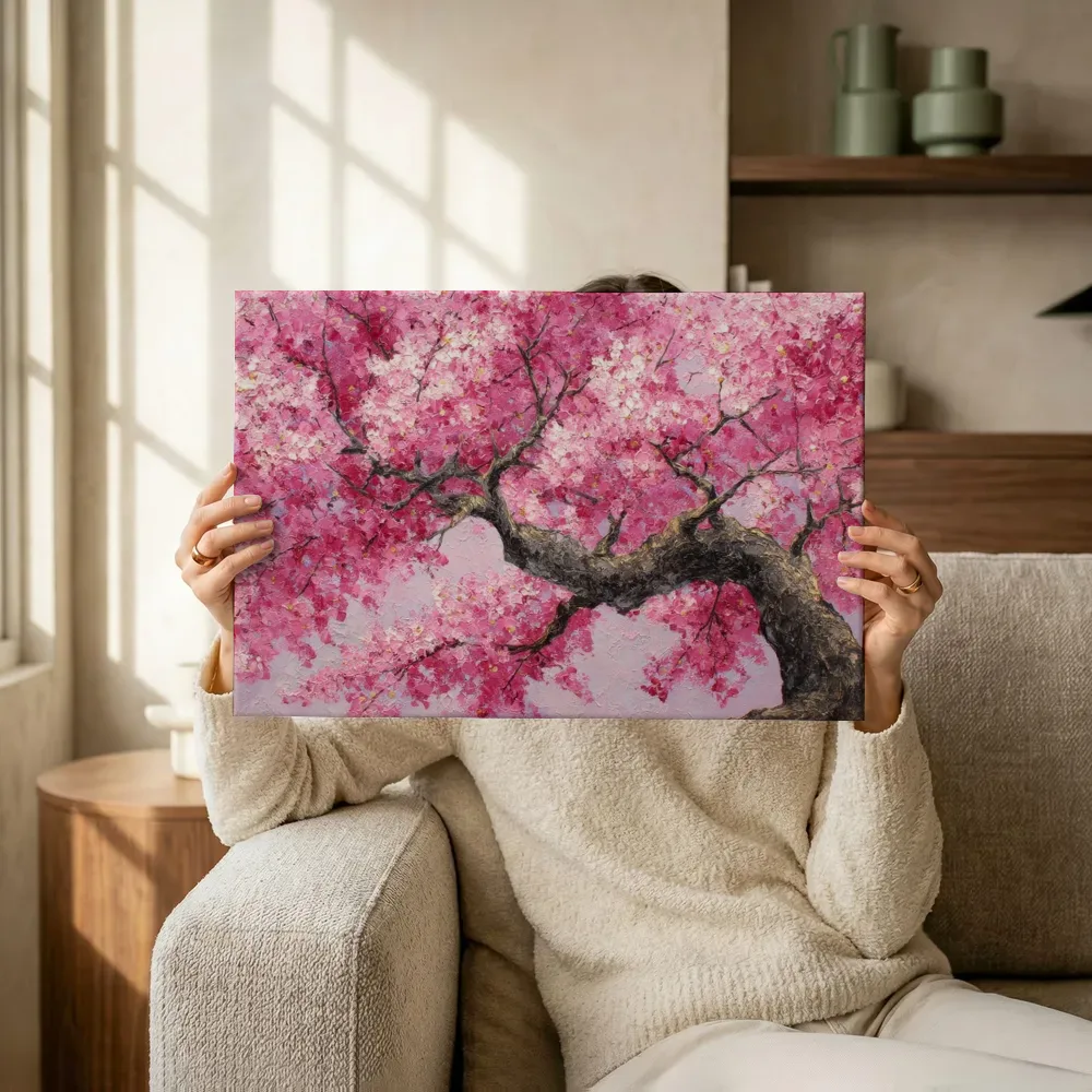 Sfeerimpressie: Bloeiende kersenboom met stam terwijl het omhoog wordt gehouden