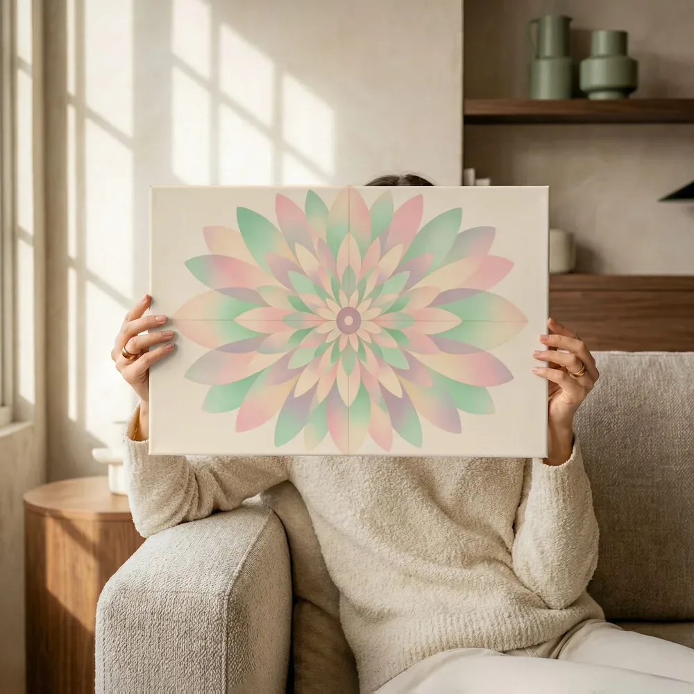 Sfeerimpressie: Bloem-mandala Modern Bauhaus 16 terwijl het omhoog wordt gehouden