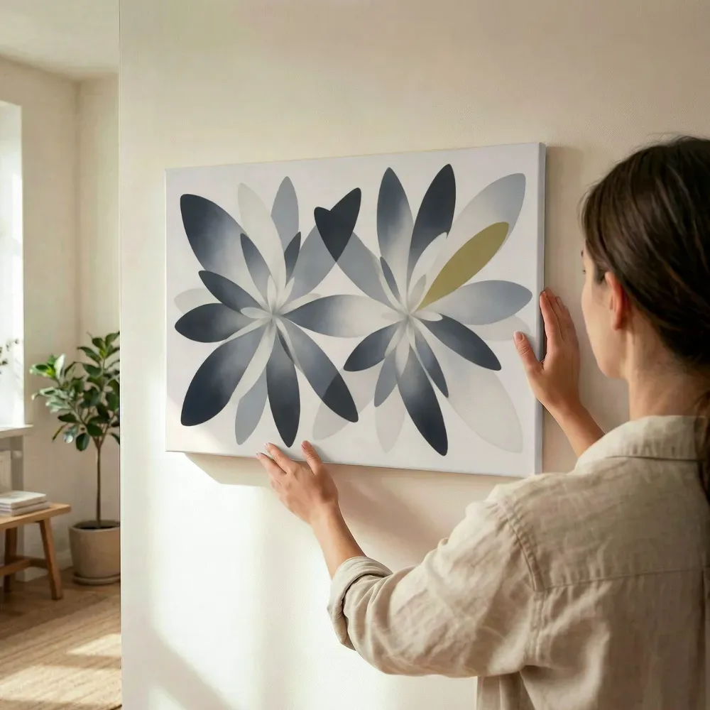Sfeerimpressie: Bloem-mandala Modern Bauhaus in grafietgrijs 2 terwijl het wordt opgehangen