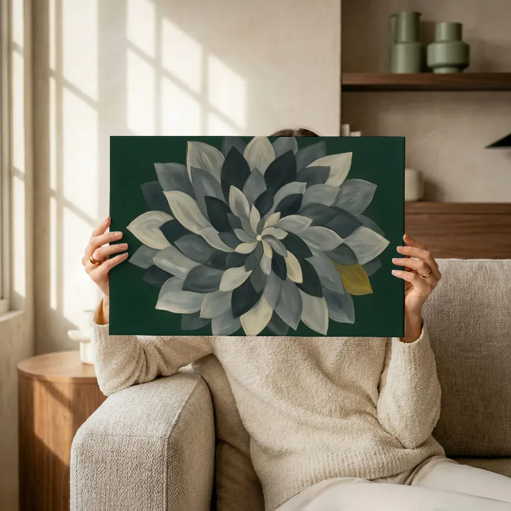 Sfeerimpressie: Bloem-mandala Modern Bauhaus in grafietgrijs terwijl het omhoog wordt gehouden