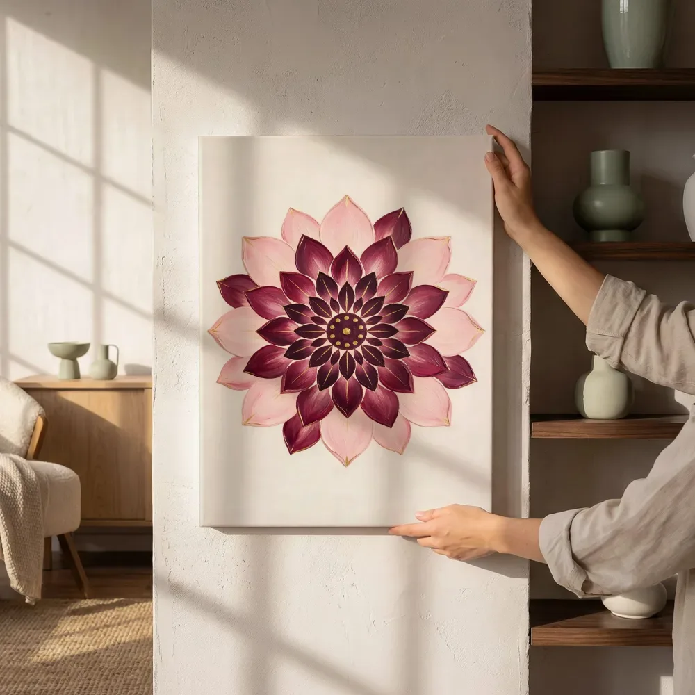 Sfeerimpressie: Bloem-mandala Modern Bauhaus in magenta 2 naast de kast