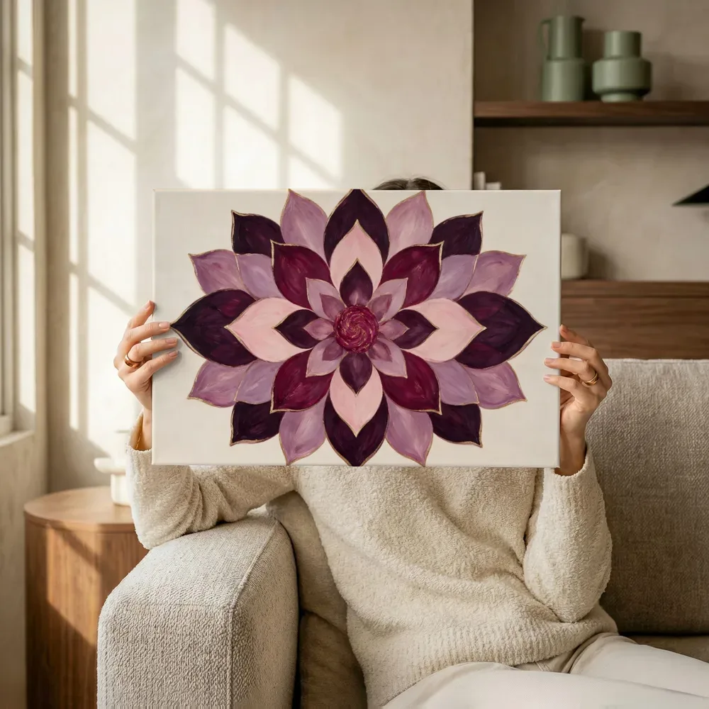 Sfeerimpressie: Bloem-mandala Modern Bauhaus in magenta terwijl het omhoog wordt gehouden