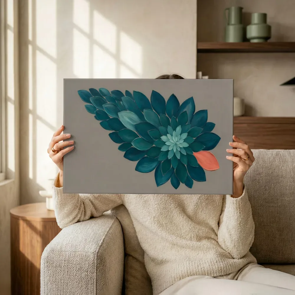 Sfeerimpressie: Bloem-mandala Modern Bauhaus in petrolblauw terwijl het omhoog wordt gehouden