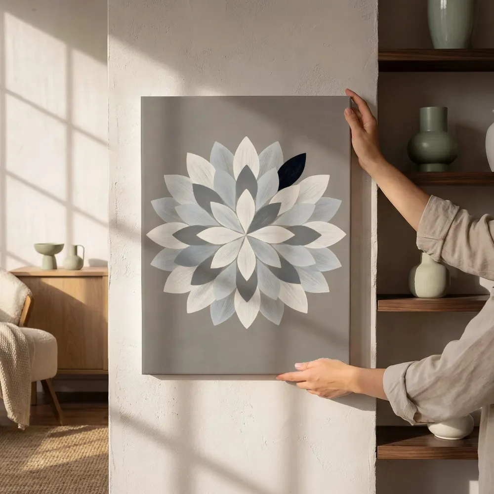 Sfeerimpressie: Bloem-mandala Modern Bauhaus in steengrijs naast de kast