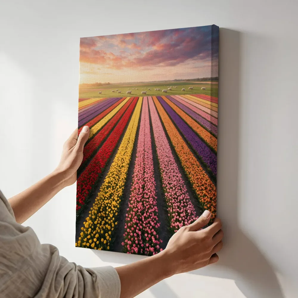 Sfeerimpressie: Bloembollenveld bij het gouden uur 4 terwijl het aan de muur wordt gehangen