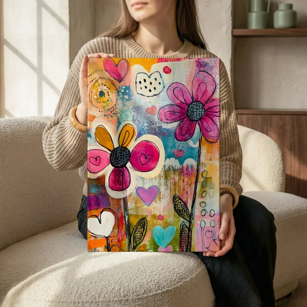 Sfeerimpressie: Bloemen en hartjes mixed media terwijl het zittend wordt getoond