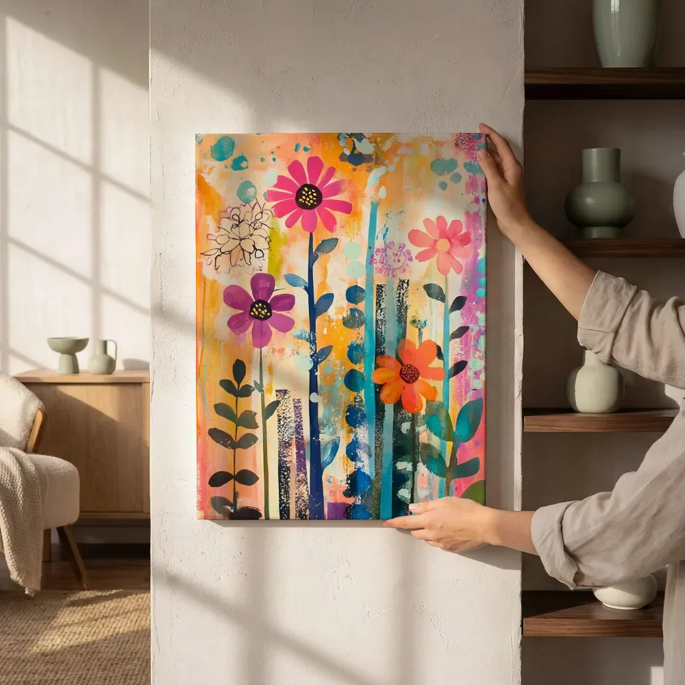 Sfeerimpressie: Bloemen op stelen in abstracte kleuren terwijl het zittend wordt getoond