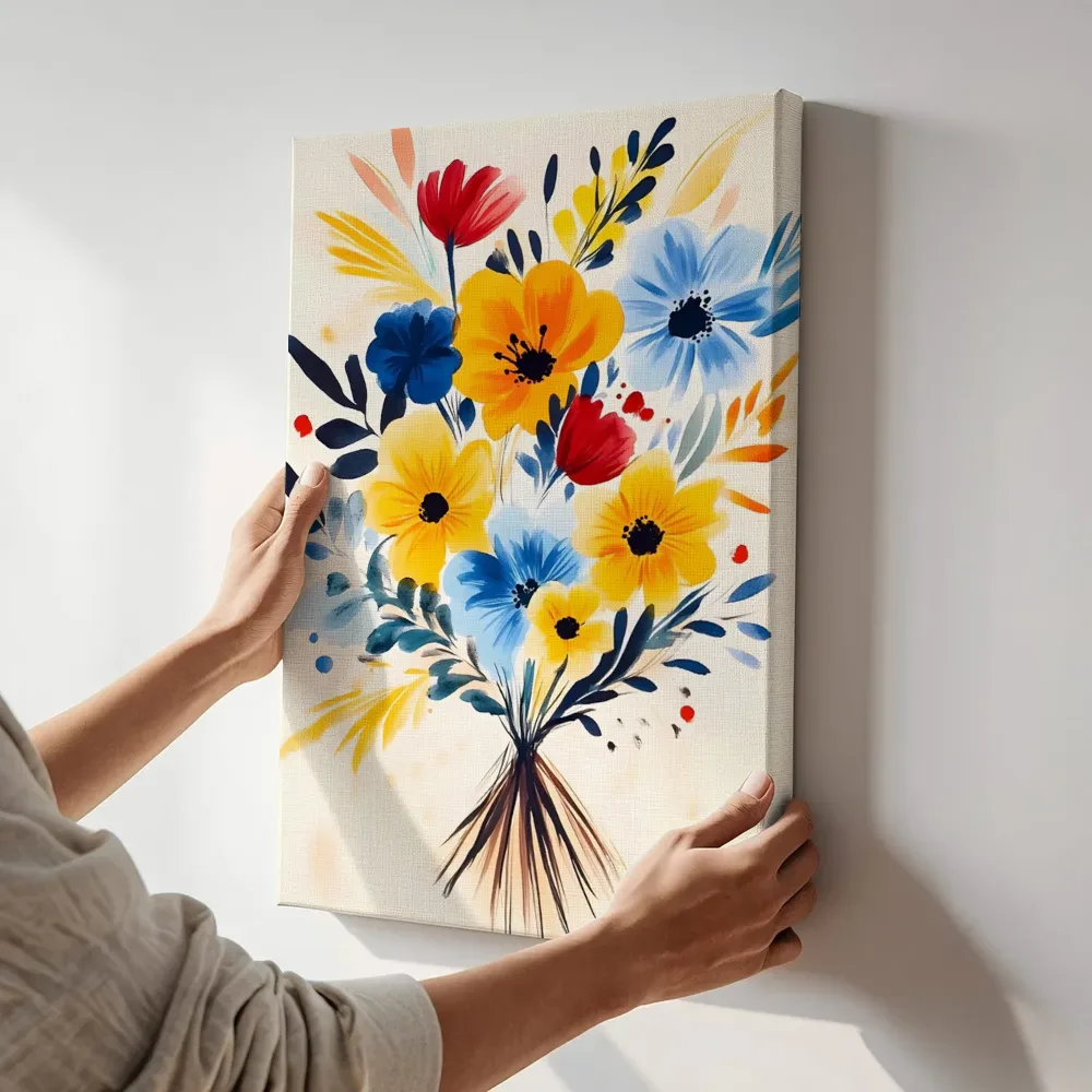 Sfeerimpressie: Bloemenboeket in primaire kleuren terwijl het aan de muur wordt gehangen