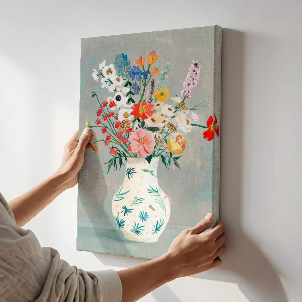 Sfeerimpressie: Bloemenboeket in witte kan terwijl het aan de muur wordt gehangen