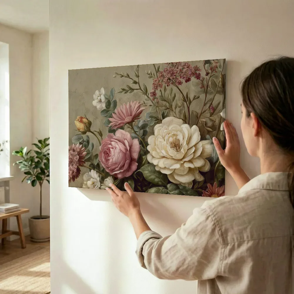 Sfeerimpressie: Bloemenboeket op beige achtergrond terwijl het wordt opgehangen
