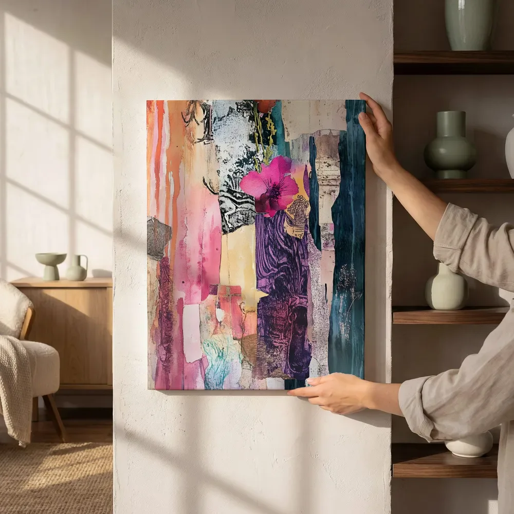 Sfeerimpressie: Bloemencollage in roze en paars naast de kast