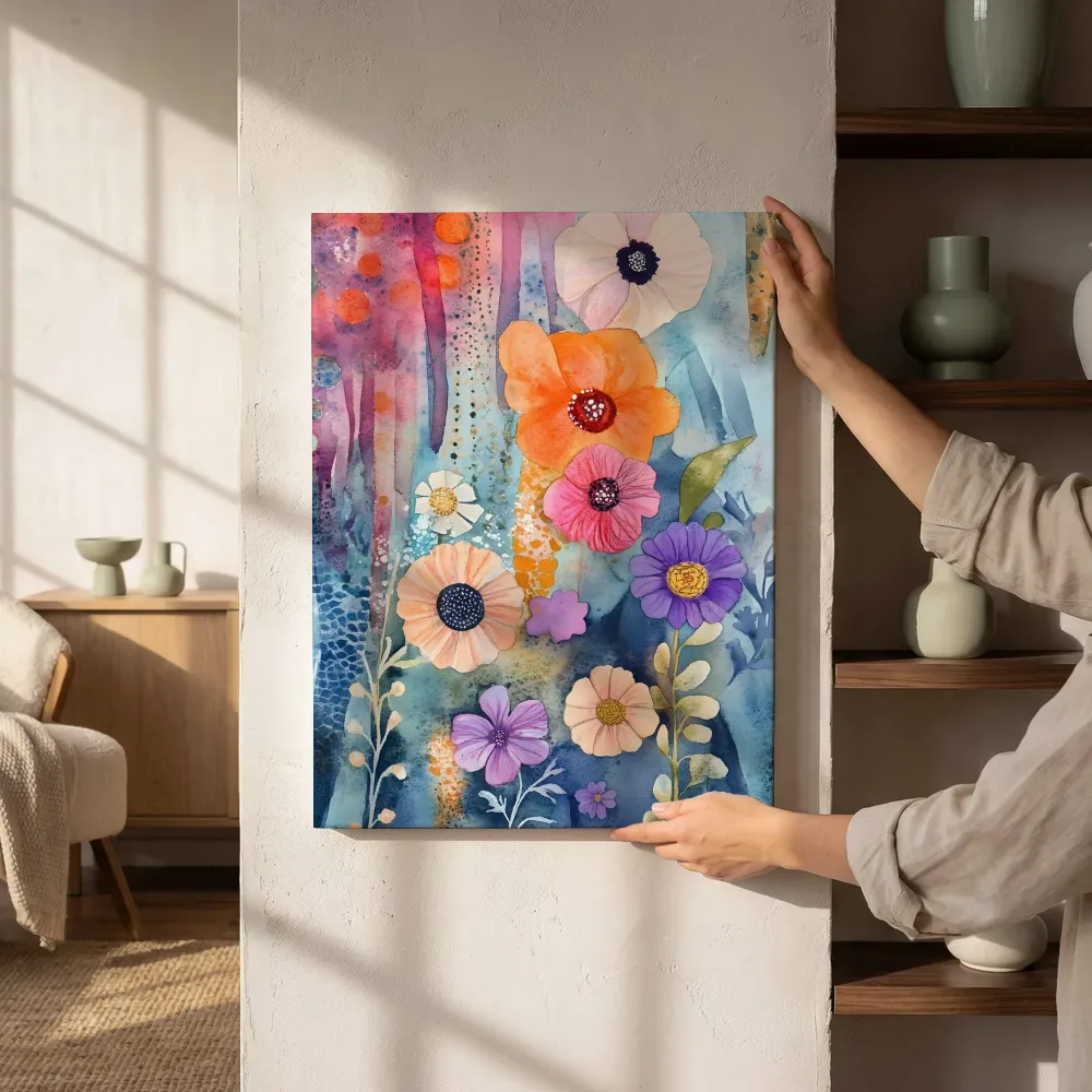 Sfeerimpressie: Bloemencollage nachtblauw naast de kast