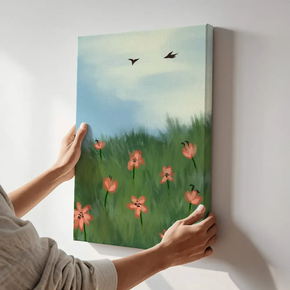Sfeerimpressie: Bloemenheuvel met vliegende vogels terwijl het aan de muur wordt gehangen
