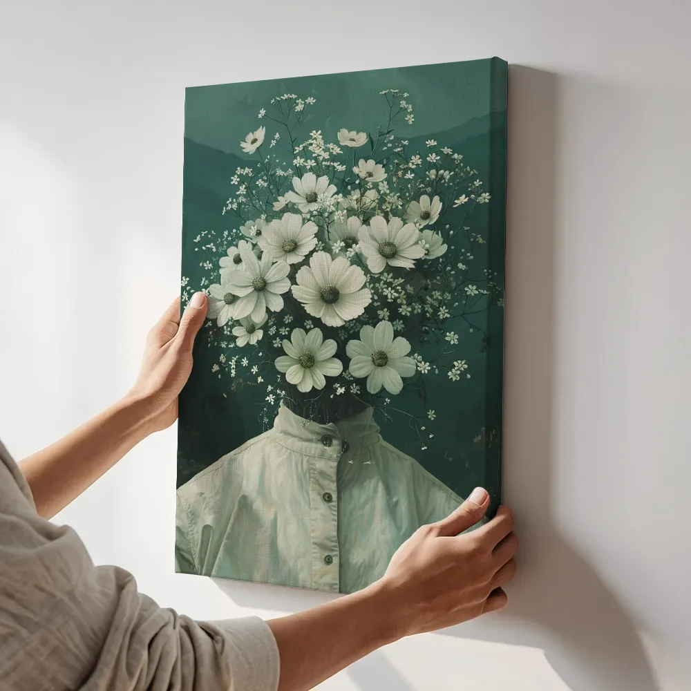 Sfeerimpressie: Bloemenhoofd figuur met witte bloemen terwijl het aan de muur wordt gehangen