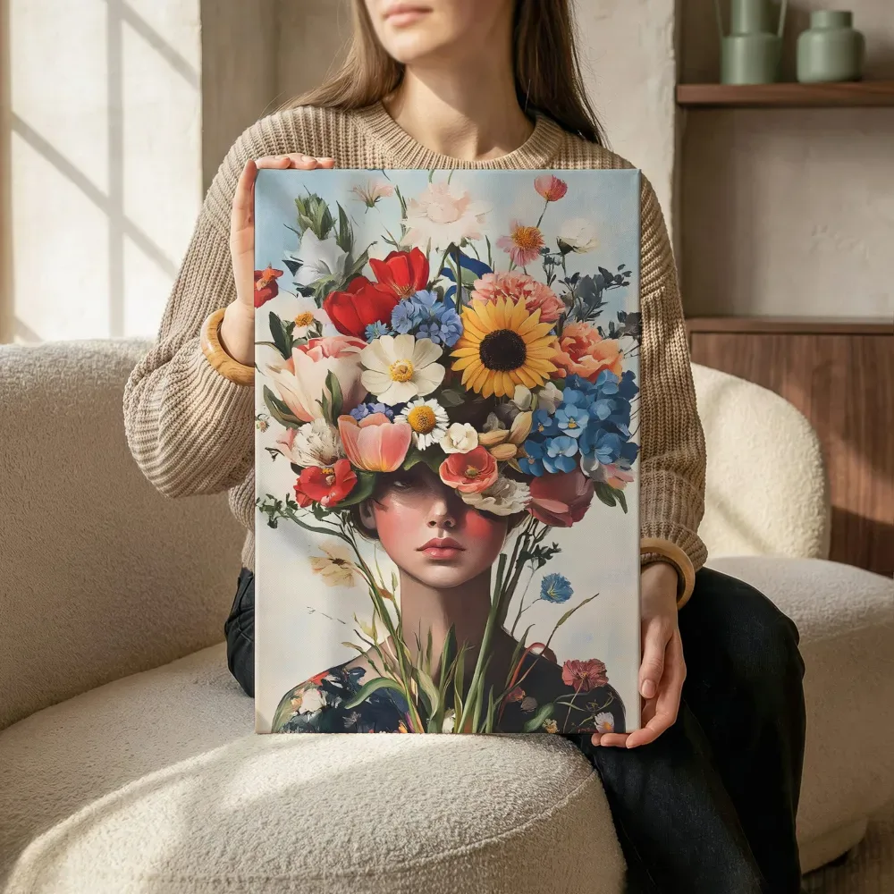 Sfeerimpressie: Bloemenhoofd kleurrijk portret terwijl het zittend wordt getoond