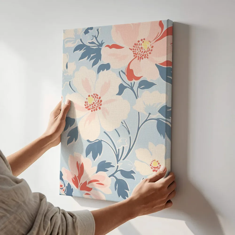 Sfeerimpressie: Bloemenpatroon in lichtblauw, roze en rood terwijl het aan de muur wordt gehangen