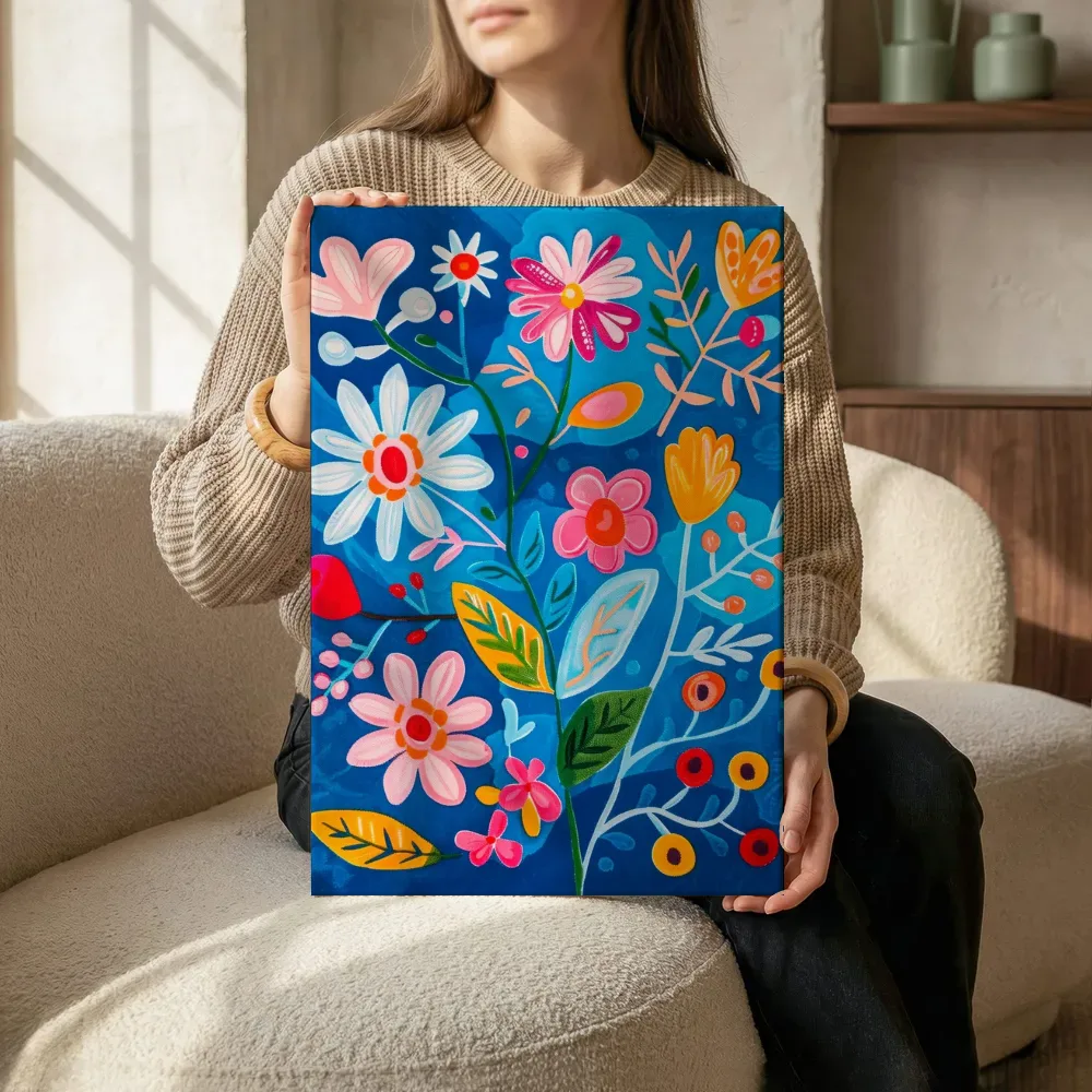Sfeerimpressie: Bloemenpracht op blauw terwijl het zittend wordt getoond