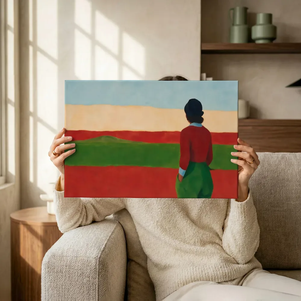 Sfeerimpressie: Horizontale banden in hemelblauw en klaproosrood terwijl het omhoog wordt gehouden