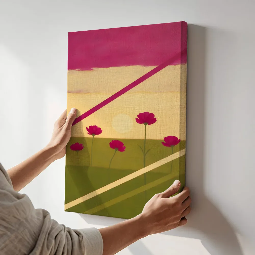 Sfeerimpressie: Bloemenveld bij zonsondergang in magenta en olijfgroen terwijl het aan de muur wordt gehangen