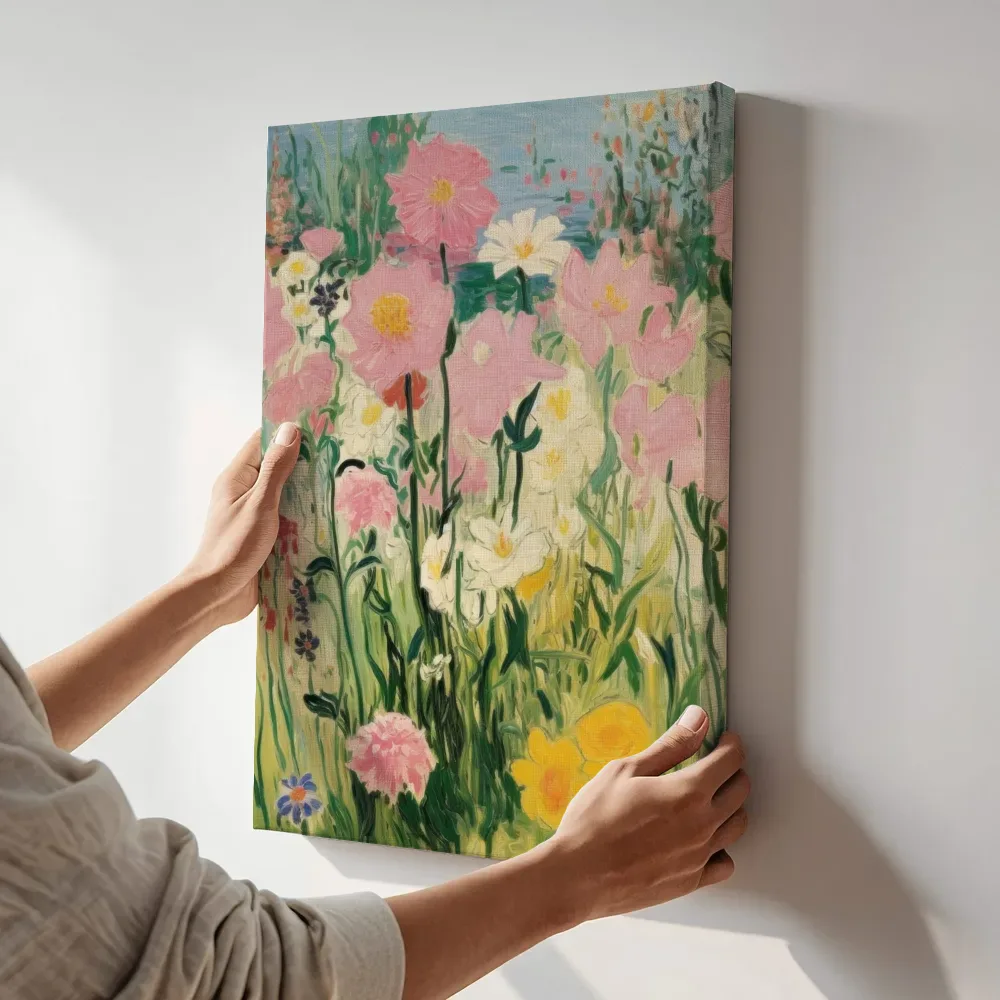 Sfeerimpressie: Bloemenveld in pastelkleuren terwijl het aan de muur wordt gehangen