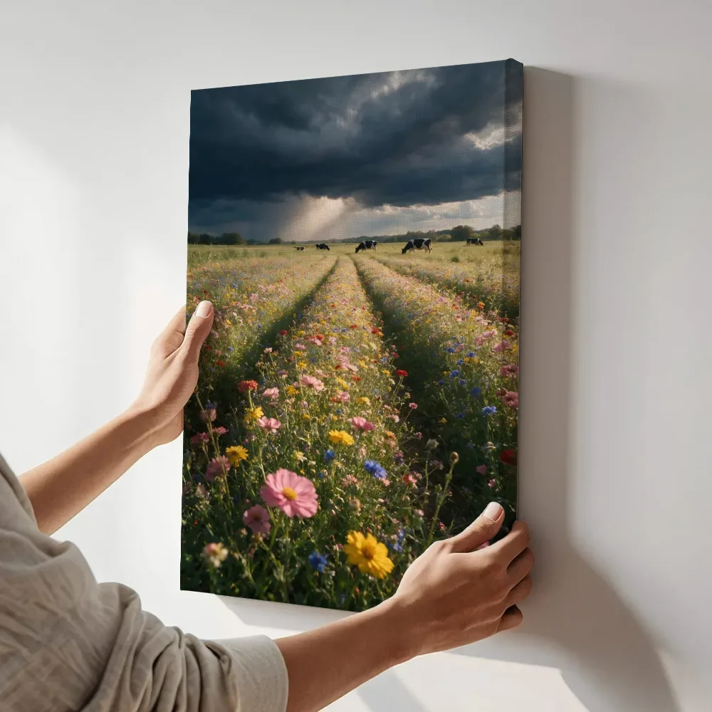 Sfeerimpressie: Bloemenvelden bij de dreigende onweerslucht 11 terwijl het aan de muur wordt gehangen