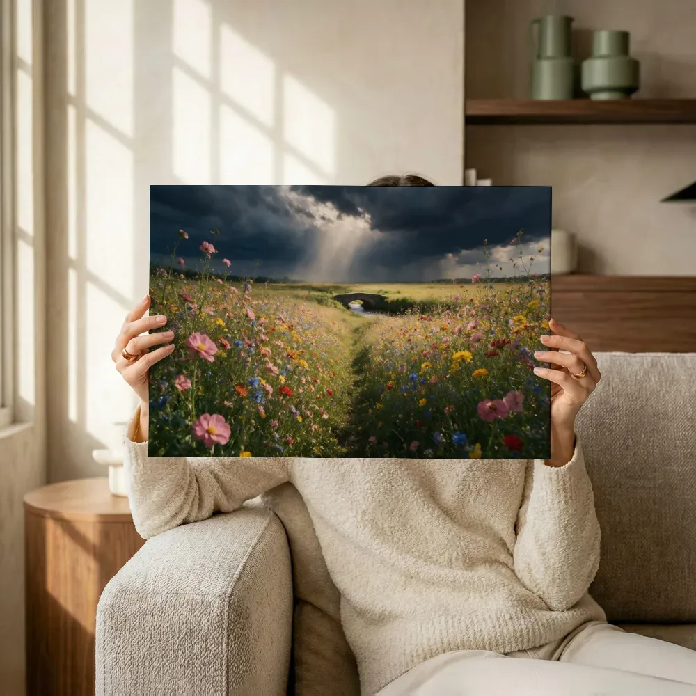 Sfeerimpressie: Bloemenvelden bij de dreigende onweerslucht 2 terwijl het omhoog wordt gehouden