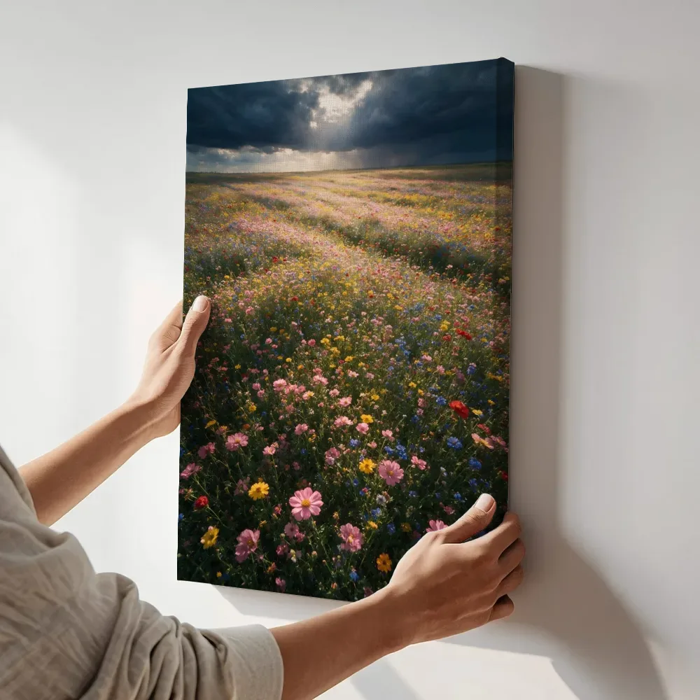 Sfeerimpressie: Bloemenvelden bij de dreigende onweerslucht 4 terwijl het aan de muur wordt gehangen