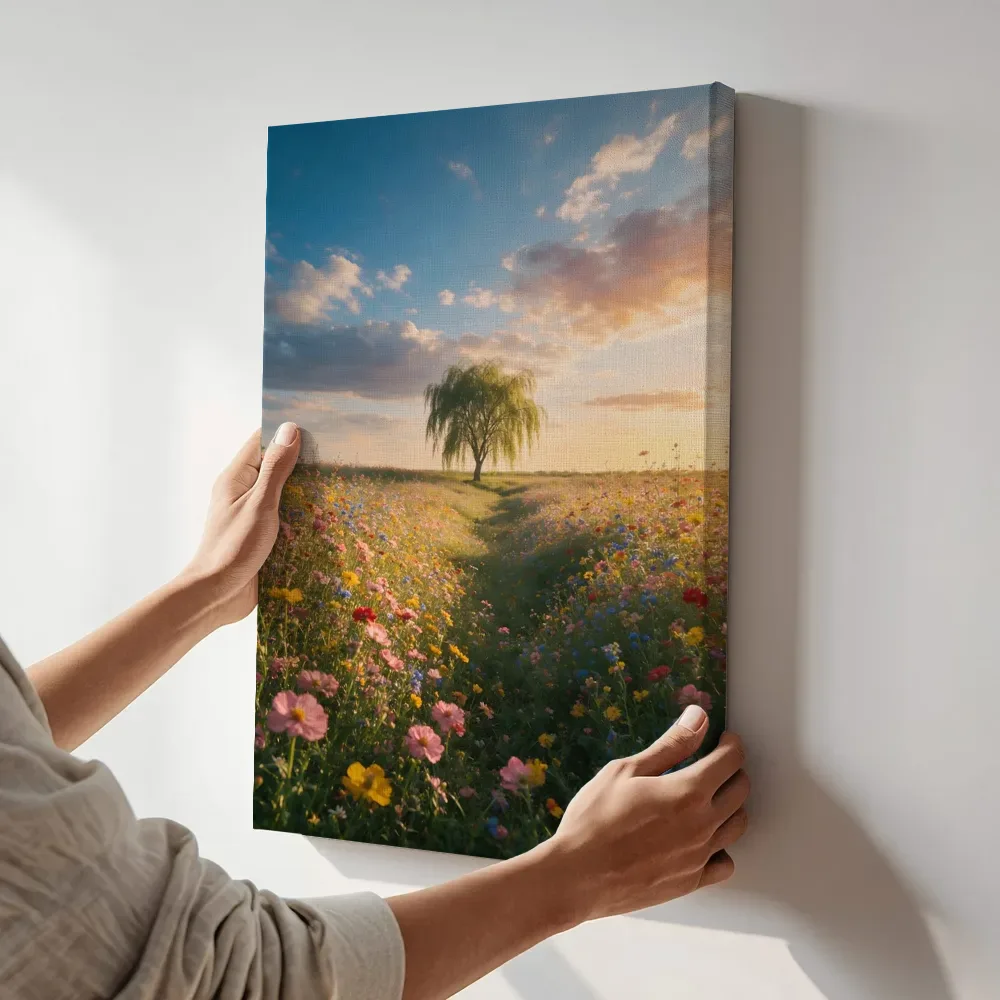 Sfeerimpressie: Bloemenvelden bij het gouden uur 10 terwijl het aan de muur wordt gehangen