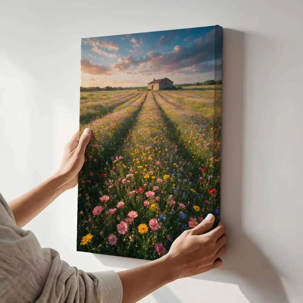 Sfeerimpressie: Bloemenvelden bij het gouden uur 7 terwijl het aan de muur wordt gehangen