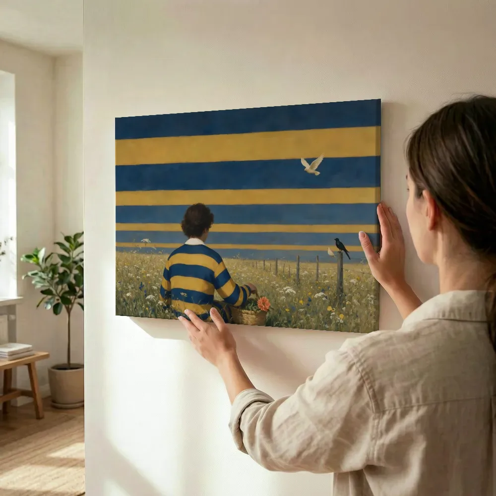 Sfeerimpressie: Bloemenweide in delftsblauw en mosterd terwijl het wordt opgehangen