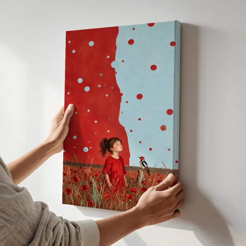 Sfeerimpressie: Bloemenweide in hemelblauw en klaproosrood terwijl het aan de muur wordt gehangen