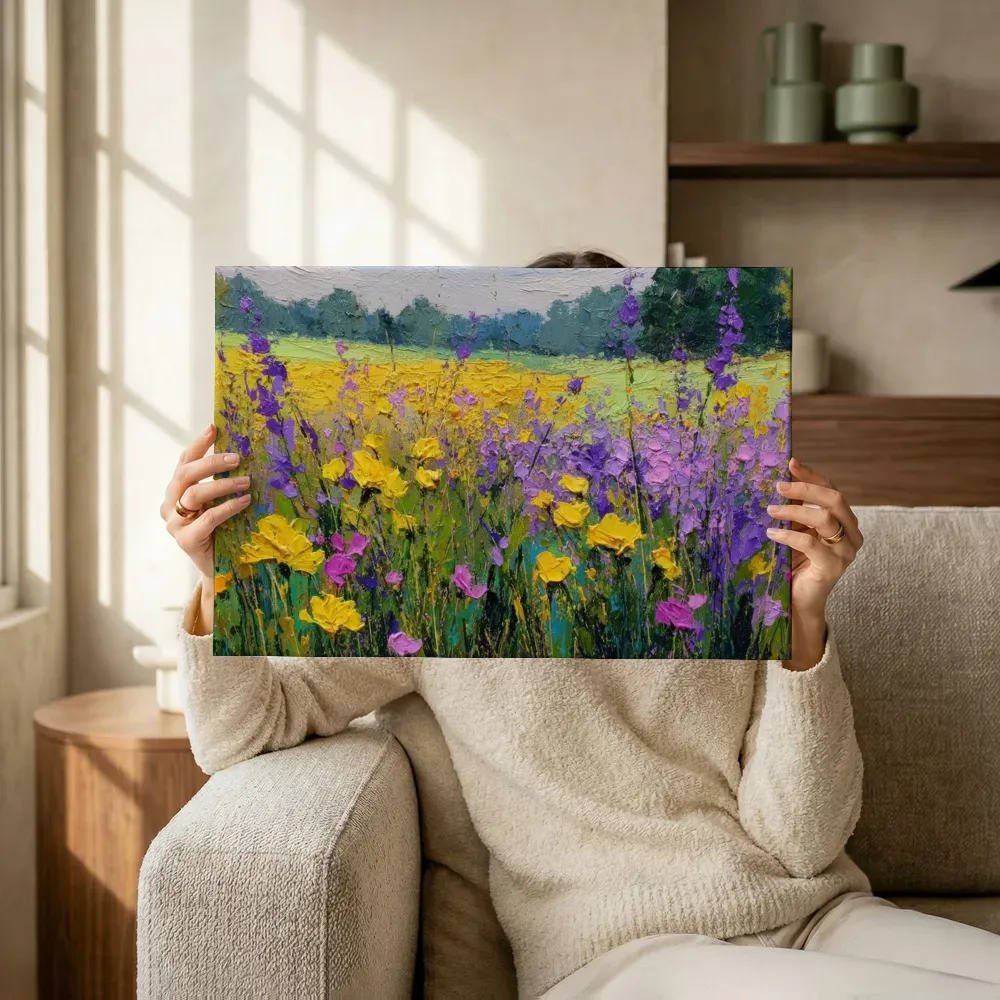 Sfeerimpressie: Bloemenweide met bomen aan de horizon terwijl het omhoog wordt gehouden