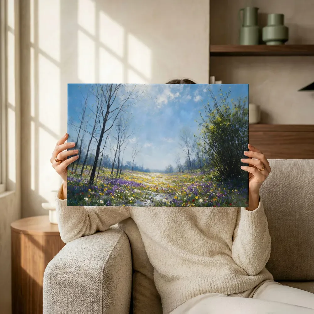 Sfeerimpressie: Bloemenweide tot de horizon in de vroege lente terwijl het omhoog wordt gehouden