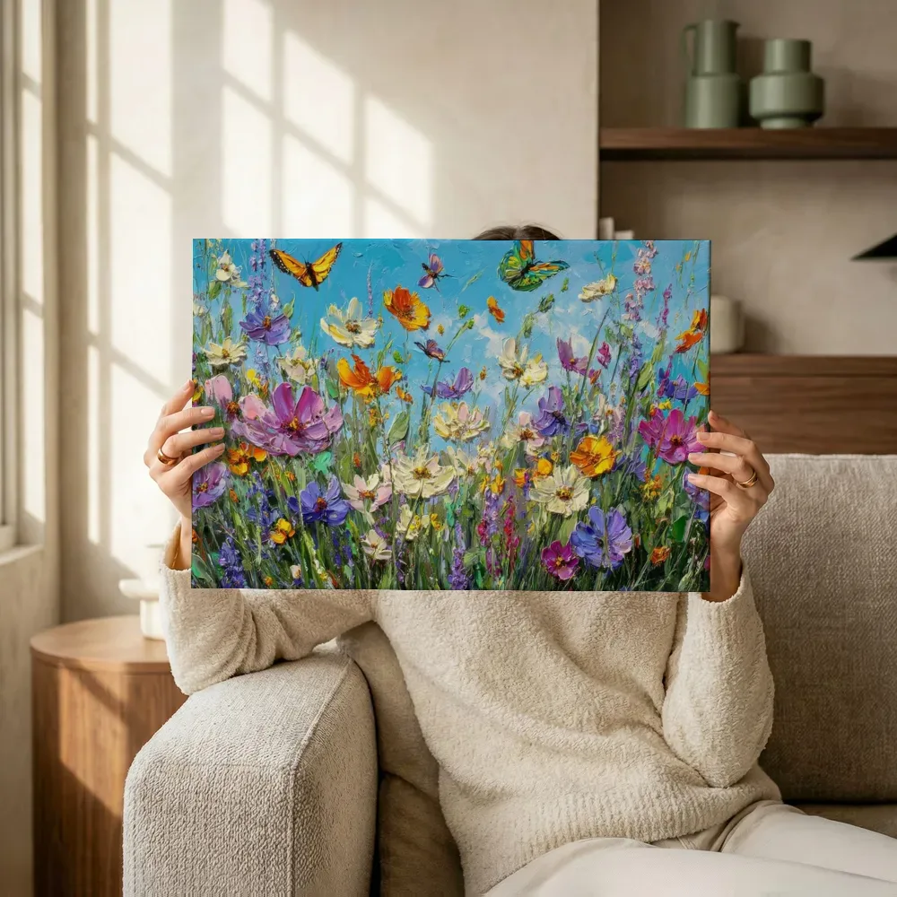 Sfeerimpressie: Bloemenweide met vliegende vlinders terwijl het omhoog wordt gehouden