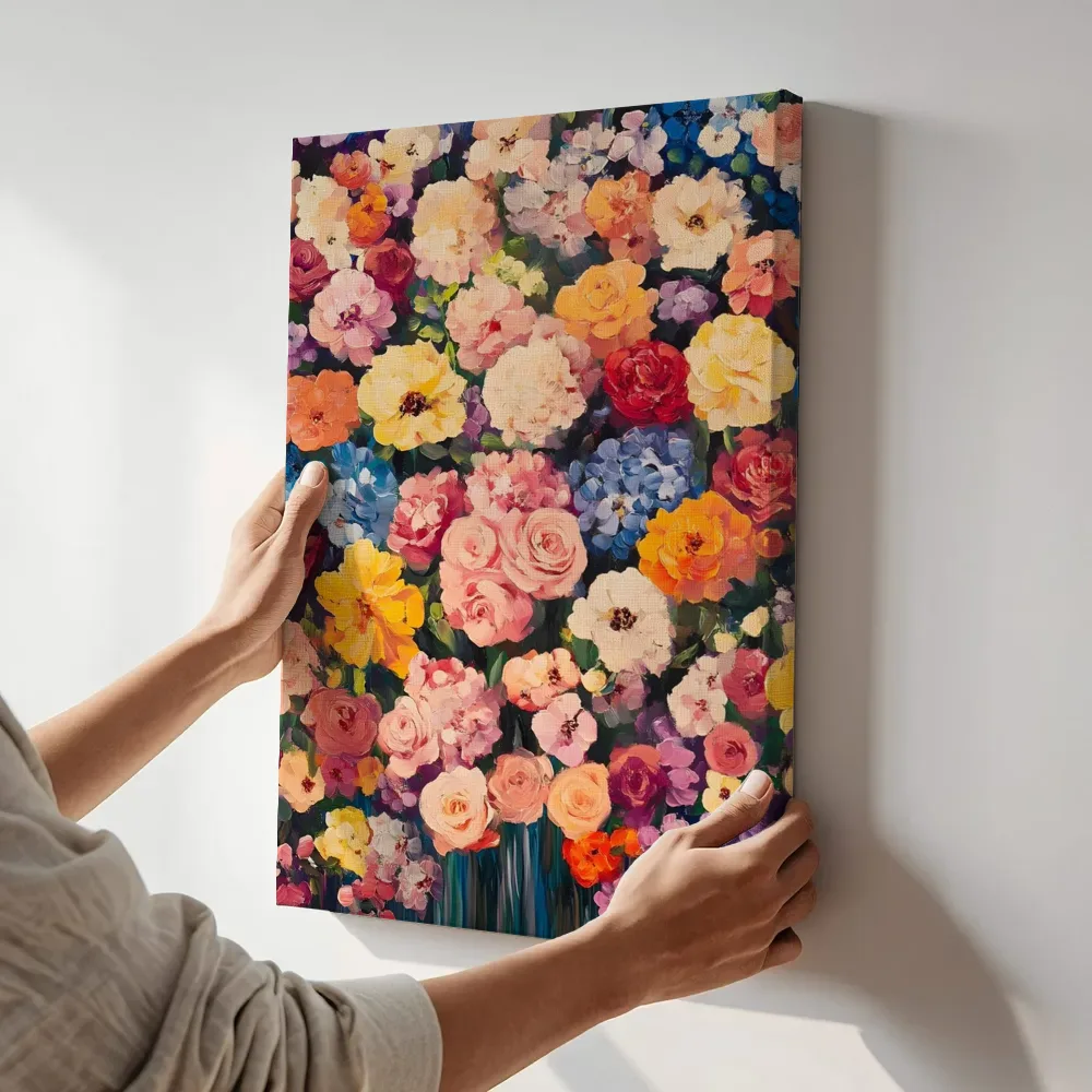Sfeerimpressie: Bloemenzee met rozen en hortensia terwijl het aan de muur wordt gehangen