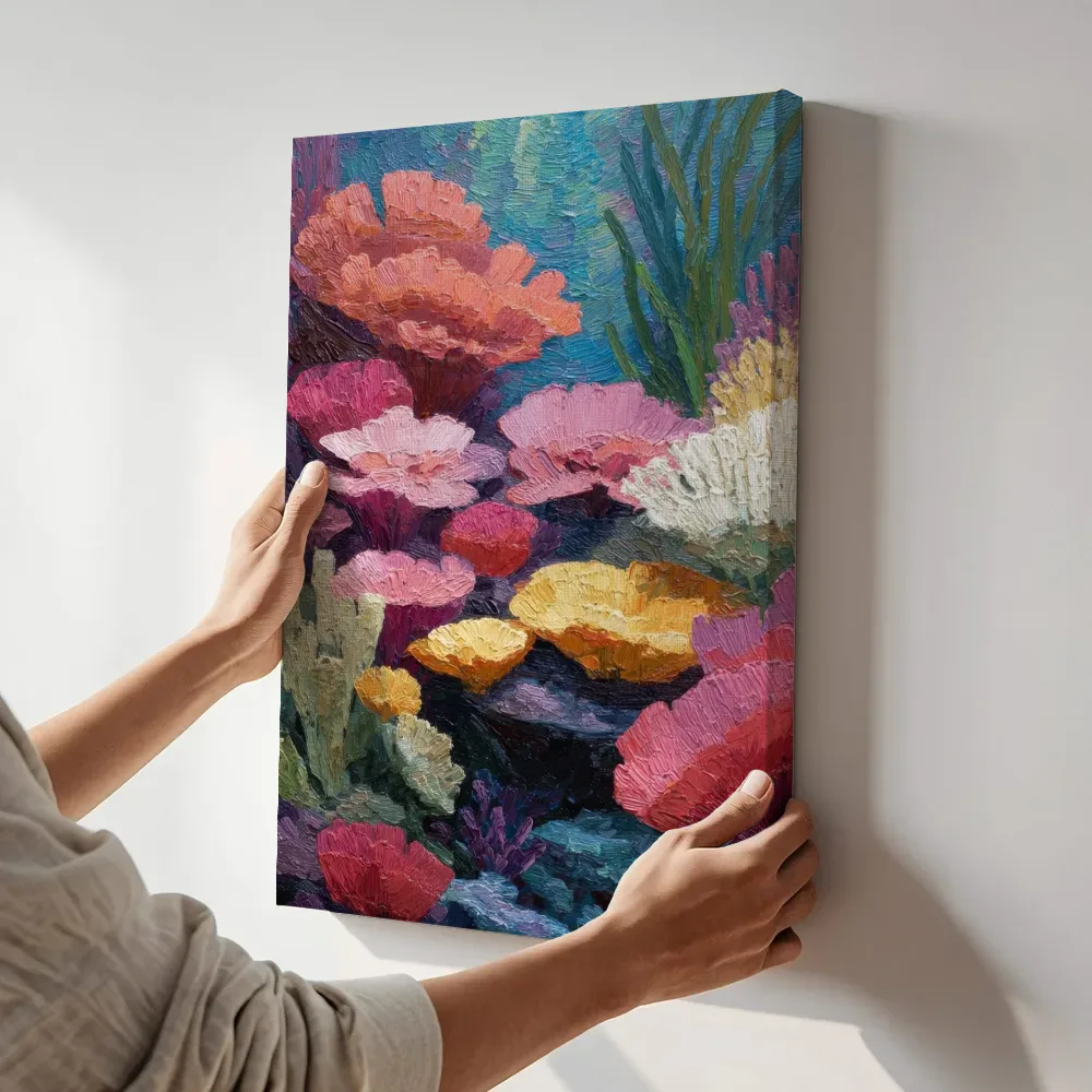 Sfeerimpressie: Bloemkoraal cluster in regenboogtinten terwijl het aan de muur wordt gehangen